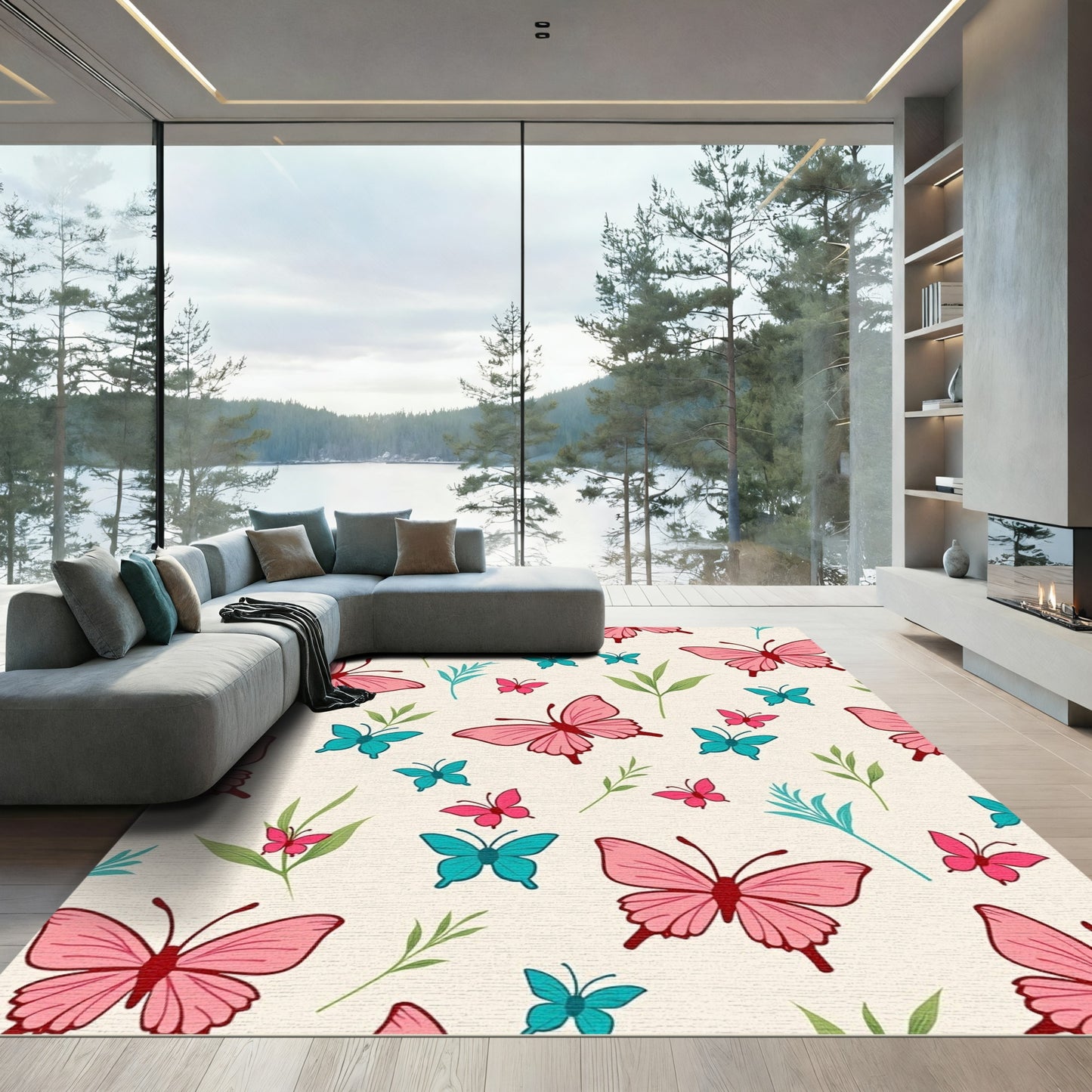 Whimsical Pink Teal Butterfly Garden Rug