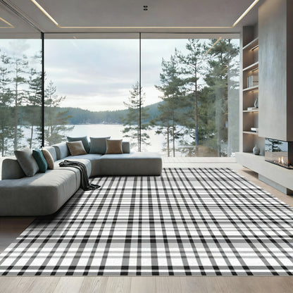 Classic Black White Plaid Squares Rug