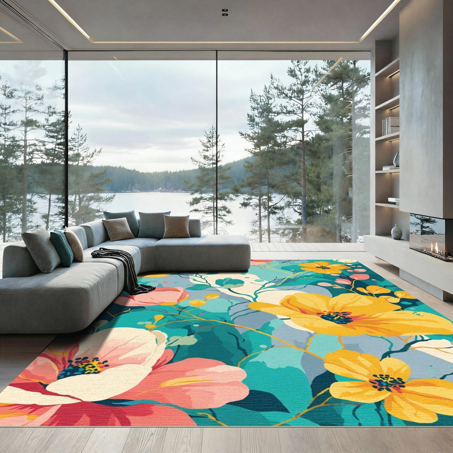 Vibrant Yellow Pink Teal Floral Bloom Rug