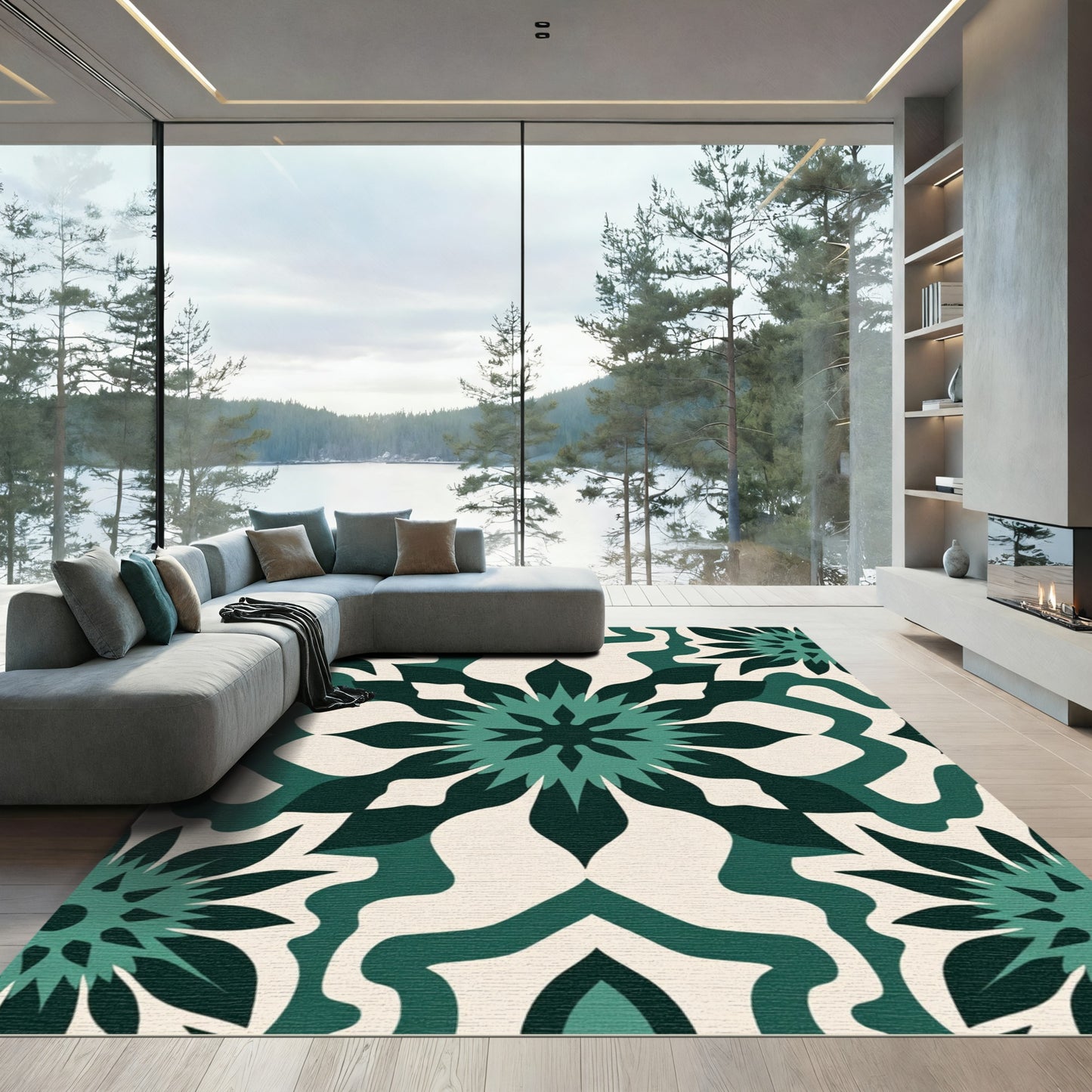 Deep Teal Radial Floral Tile Rug