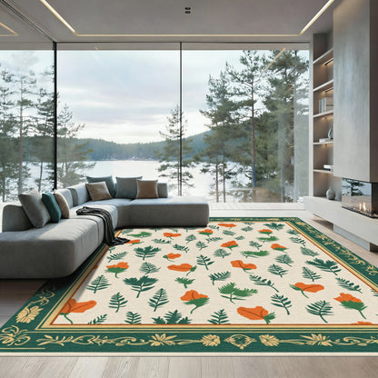 Orange Blossom Green Leaf Pattern Rug