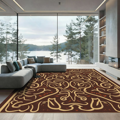 Brown and Tan Swirl Leaf Medallion Rug