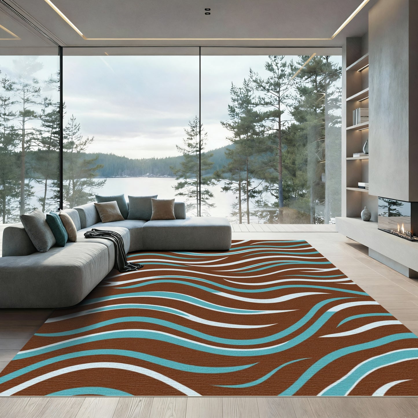 Brown Aqua White Flowing Waves Rug