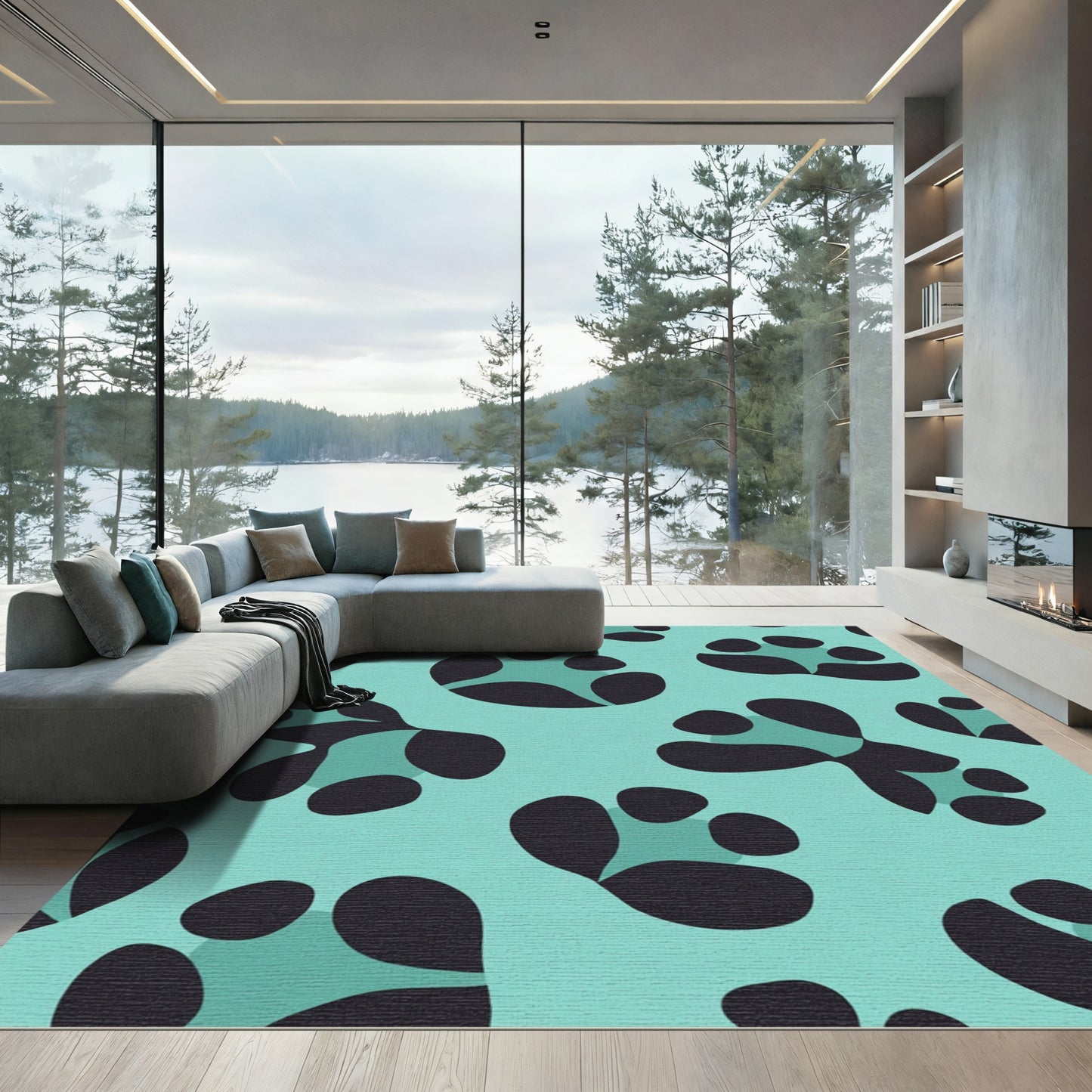 Teal Black Abstract Paw Print Rug