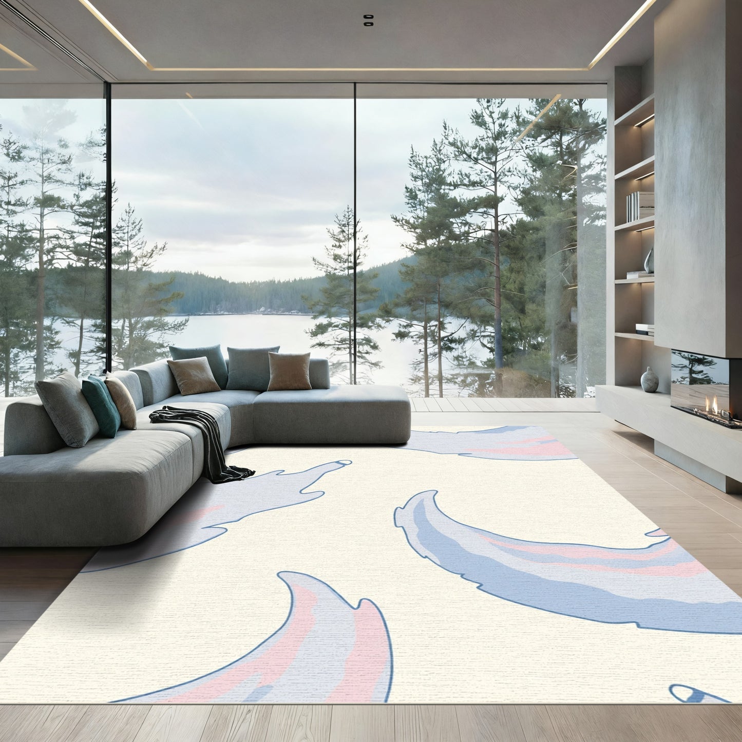 Soft Blue Pink Feathered Whispers Rug