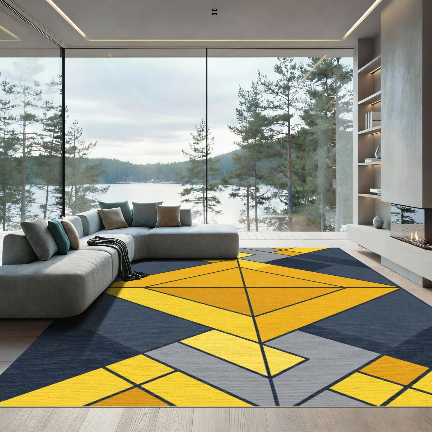 Modern Geometric Yellow Charcoal Diamond Rug