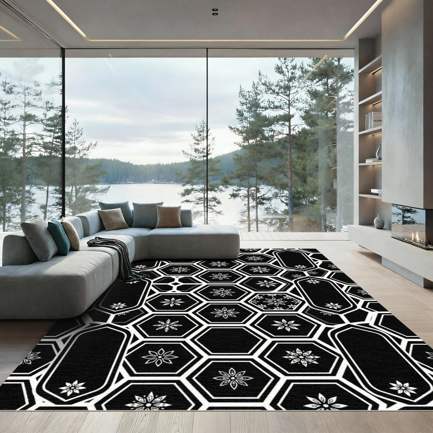 Black and White Geometric Hexagon Floral Rug