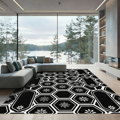 Black and White Geometric Hexagon Floral Rug