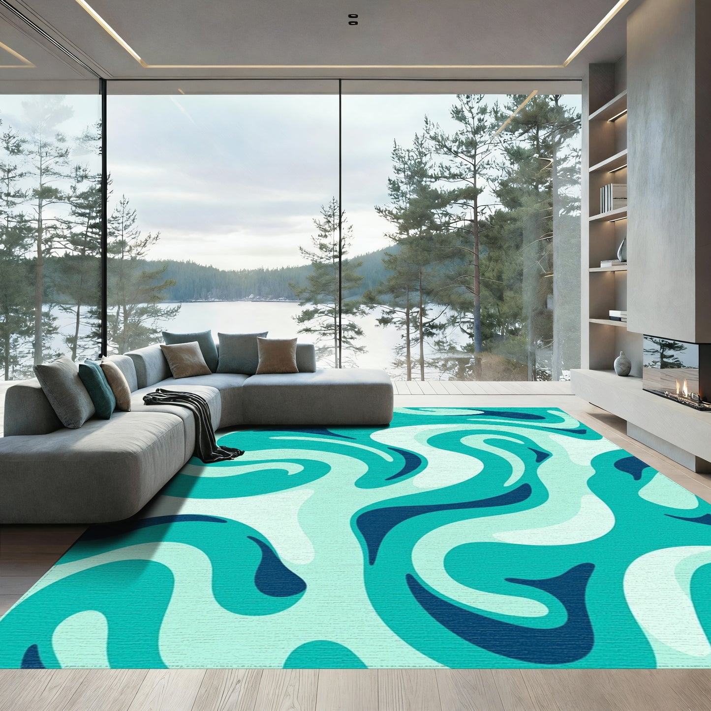 Teal Fluid Swirl Wave Rug