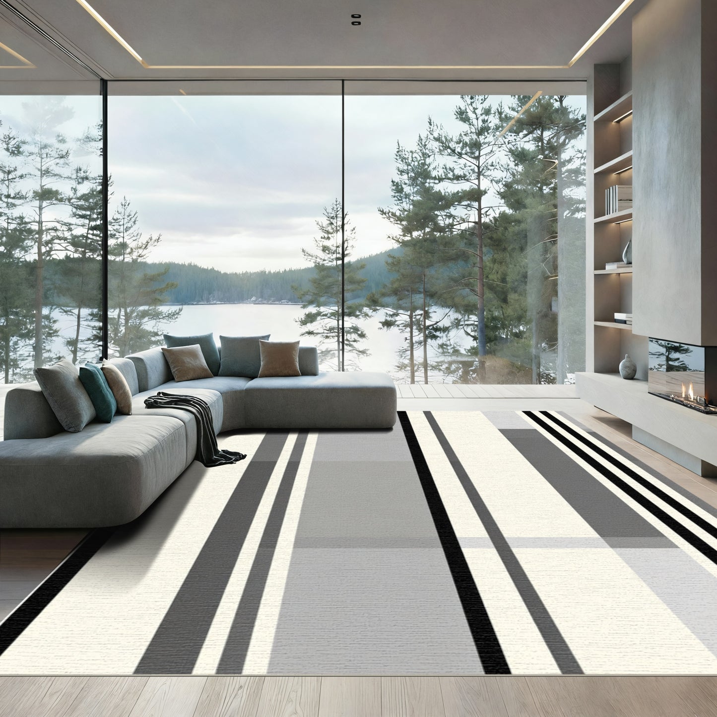Neutral Cream Gray Vertical Stripes Rug