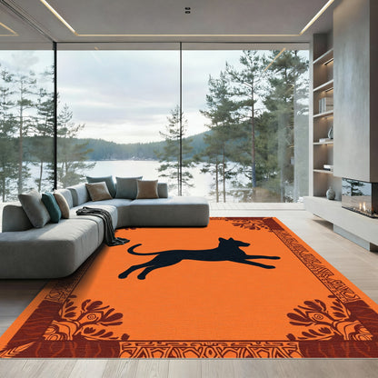 Orange Black Silhouette Jumping Cat Border Rug