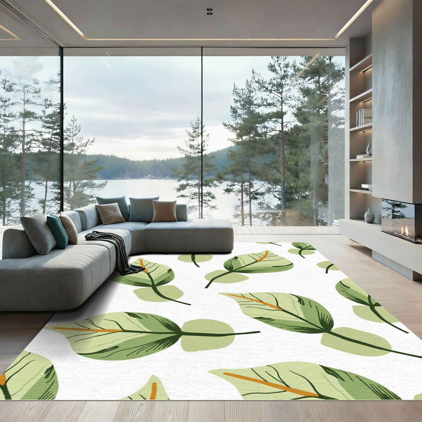 Green Leaf Botanical Repeating Design Rug