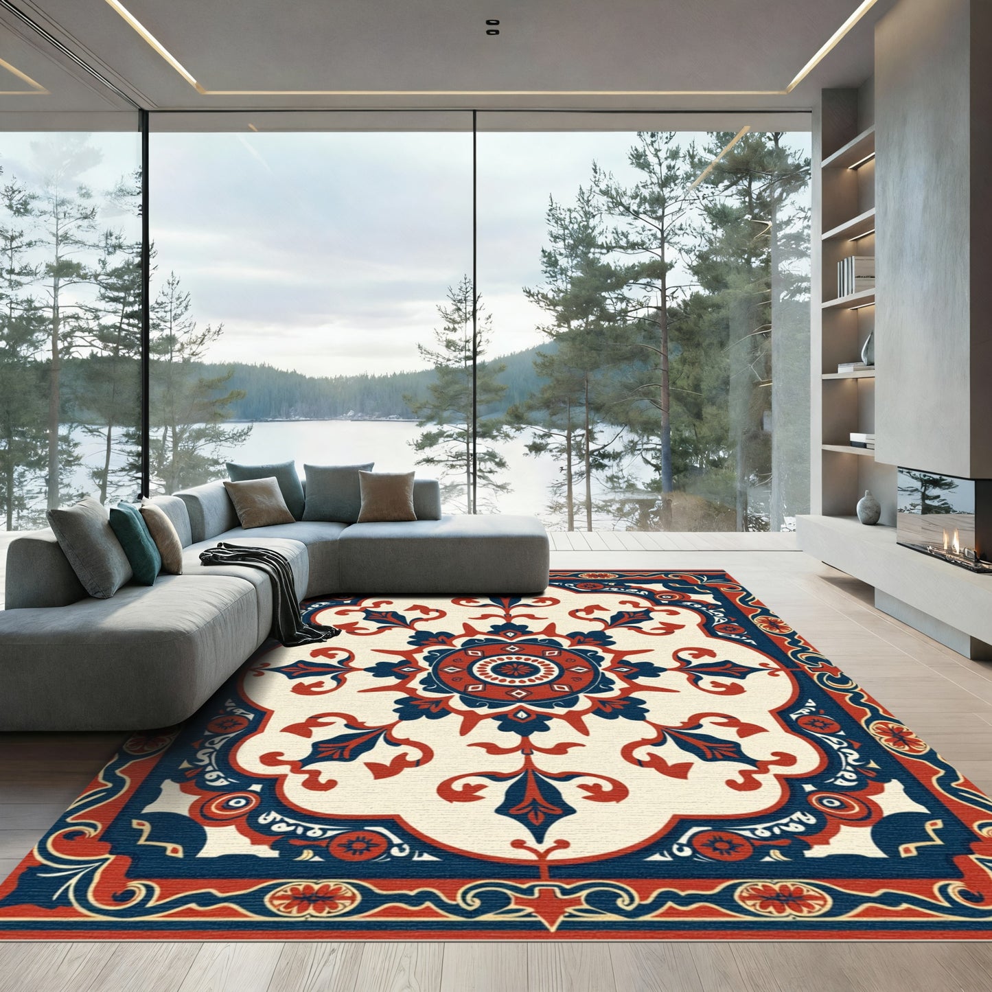 Tuscan Red Blue Medallion Floral Rug