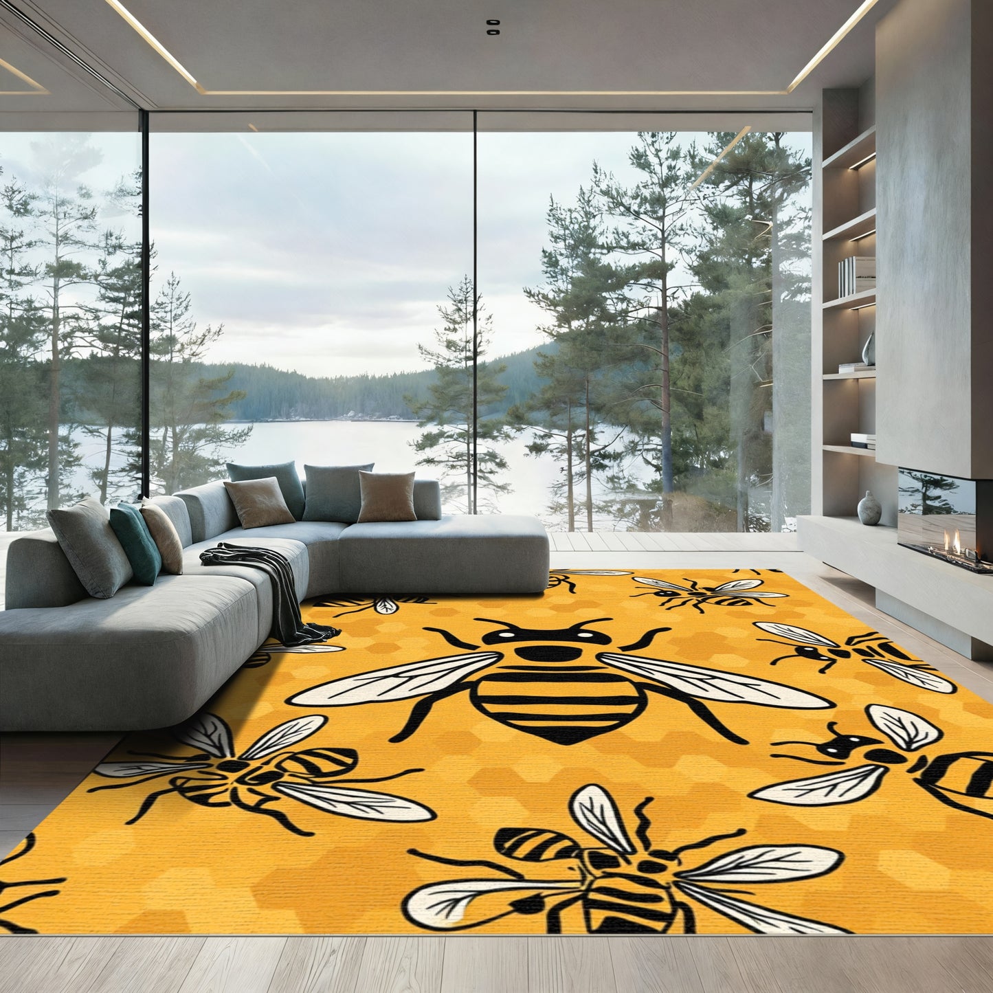 Yellow Honeycomb Bee Pattern Rug