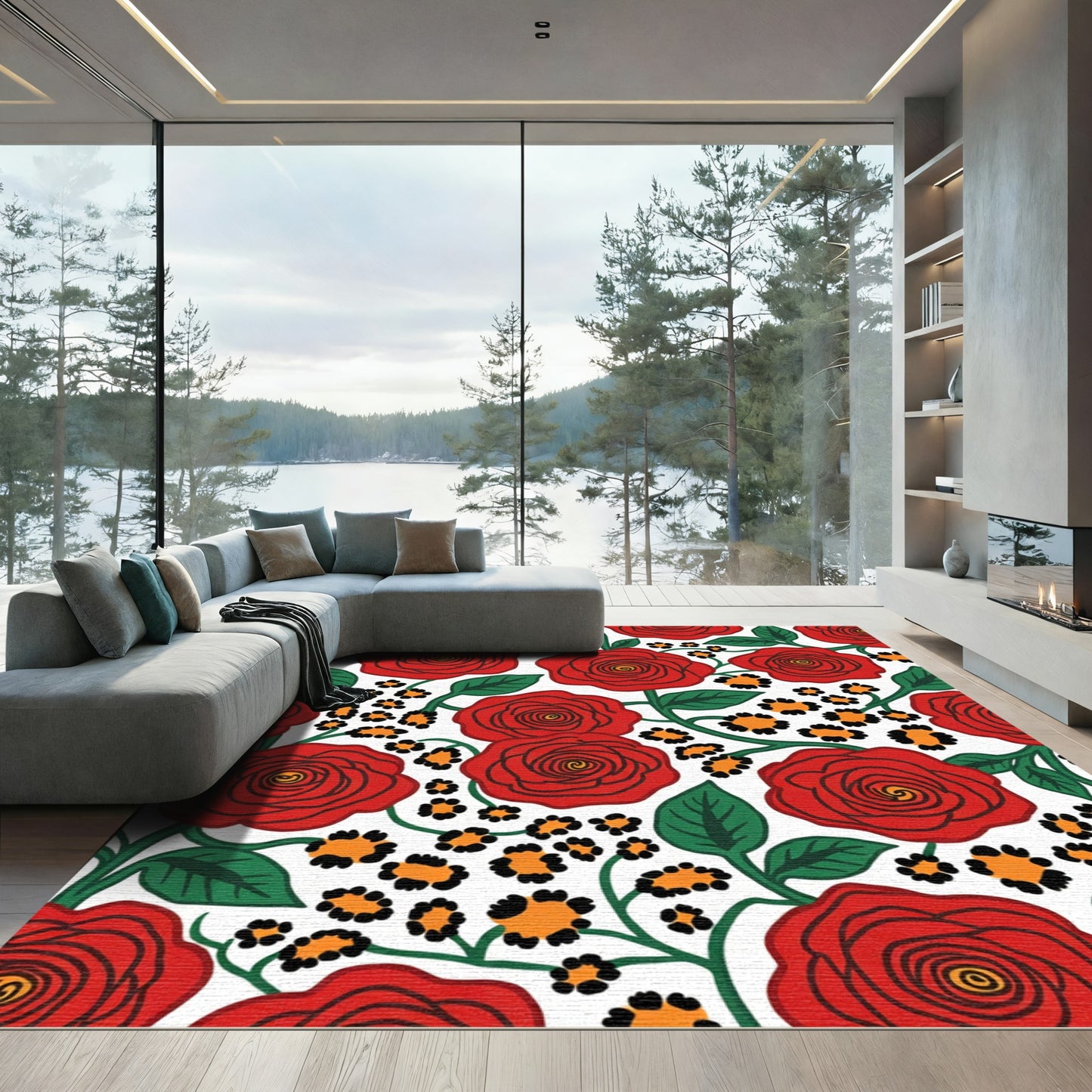 Bold Red Rose Leopard Floral Vines Rug