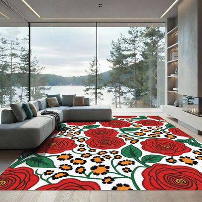 Bold Red Rose Leopard Floral Vines Rug
