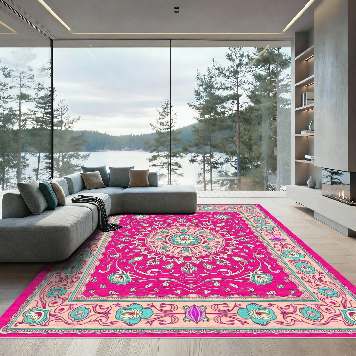 Saturated Pink Floral Mandala Rug
