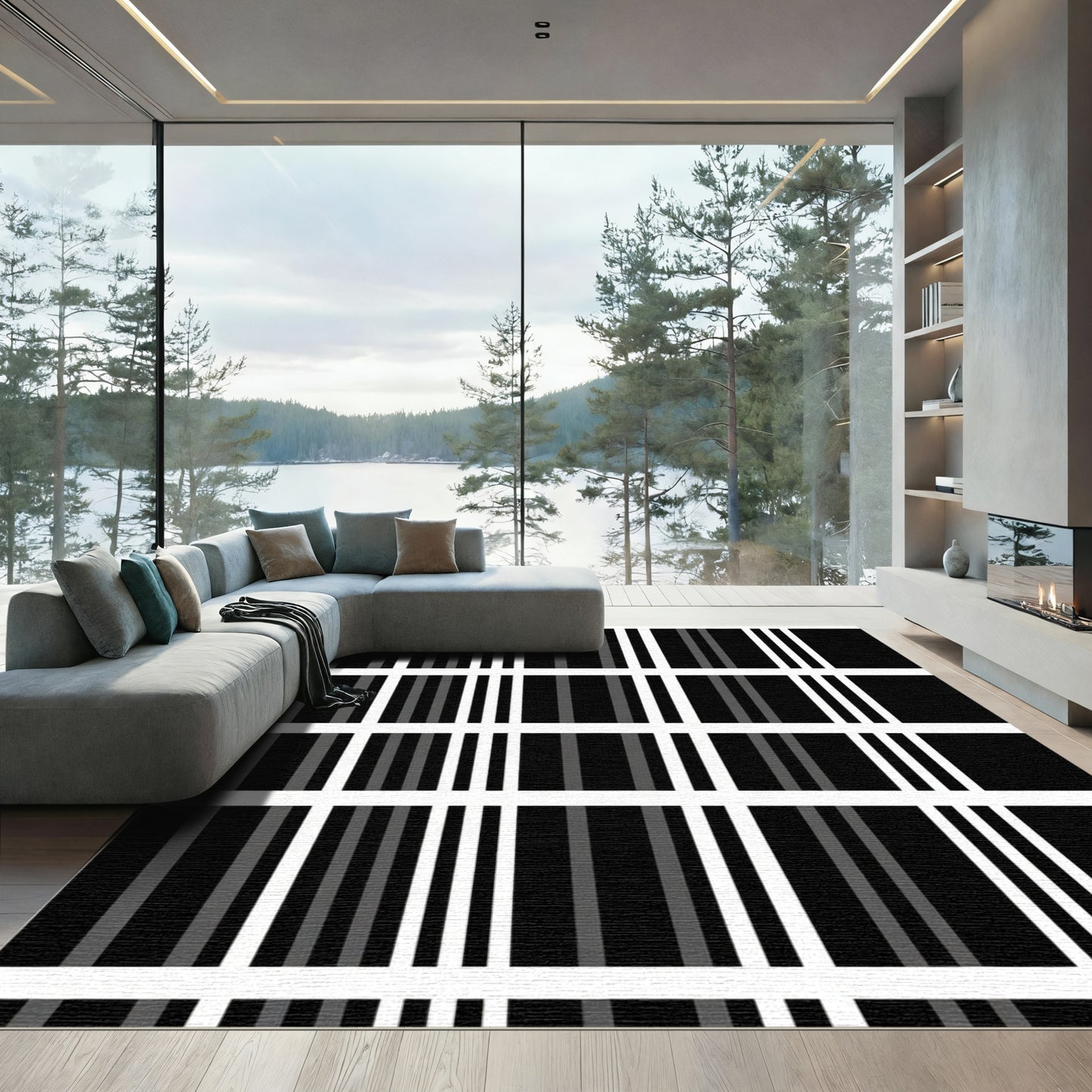 Black Gray White Vertical Stripe Grid Rug