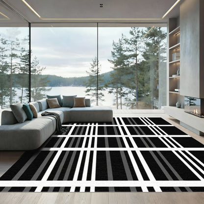 Black Gray White Vertical Stripe Grid Rug