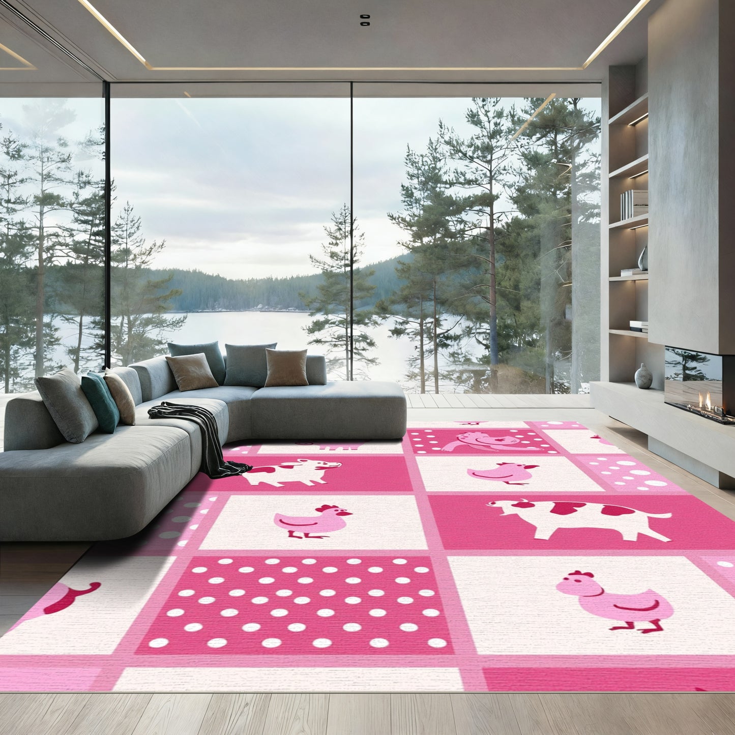 Pink Farm Animals Polka Dot Squares Rug