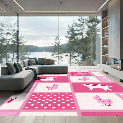 Pink Farm Animals Polka Dot Squares Rug