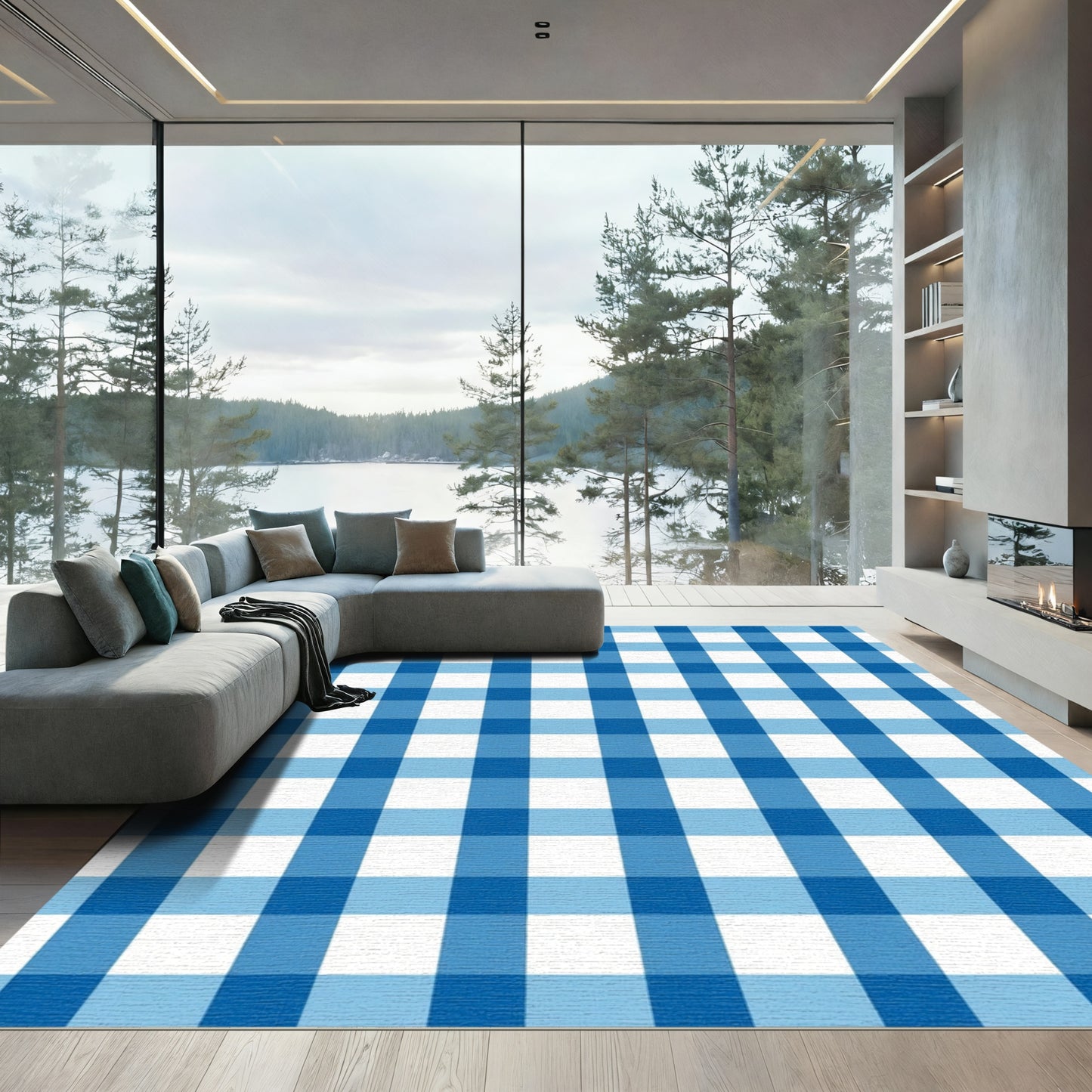 Classic Blue Gingham Check Accent Rug