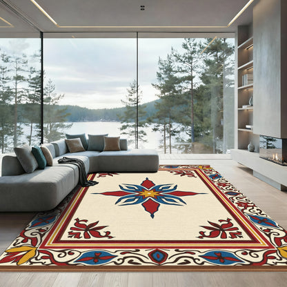 Bold Crimson Blue Eight-Pointed Star Border Rug