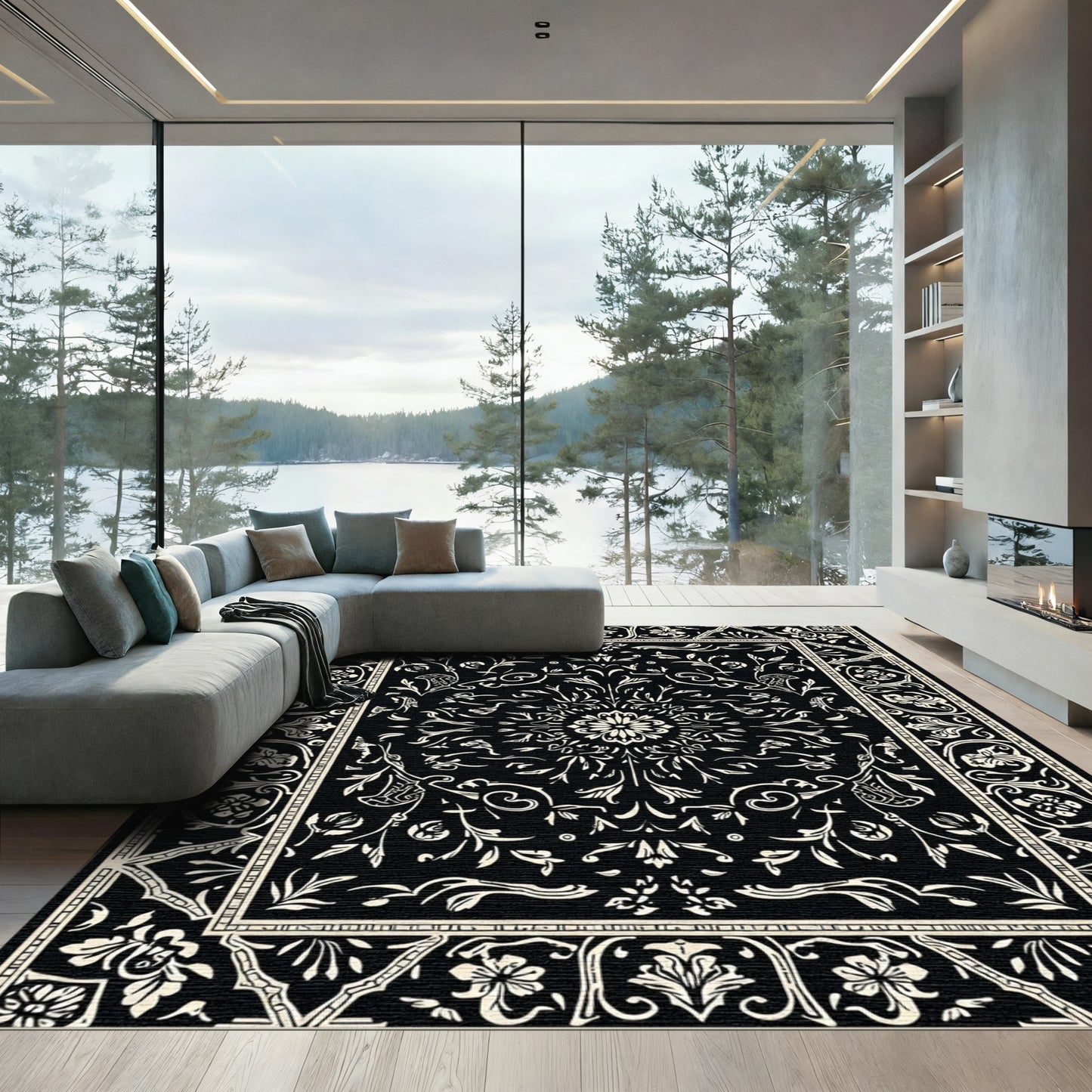 Black Floral Medallion Ornamental Rug