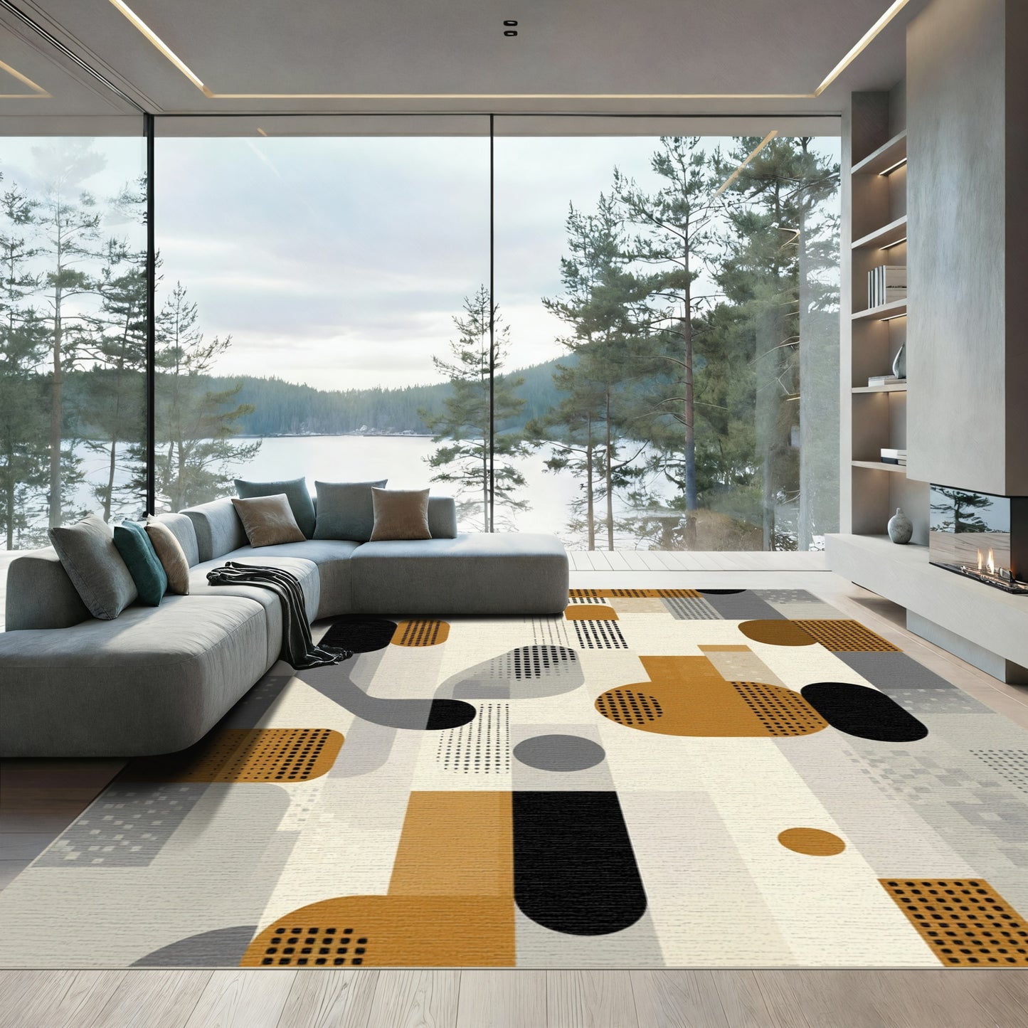 Abstract Ochre Black Geometric Grid Rug