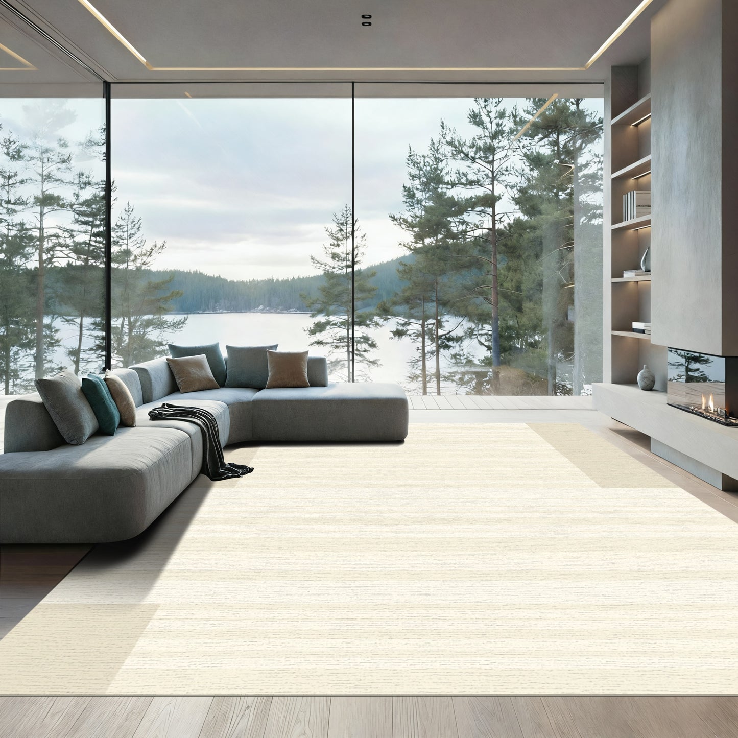 Cream Subtle Striped Rectangular Rug