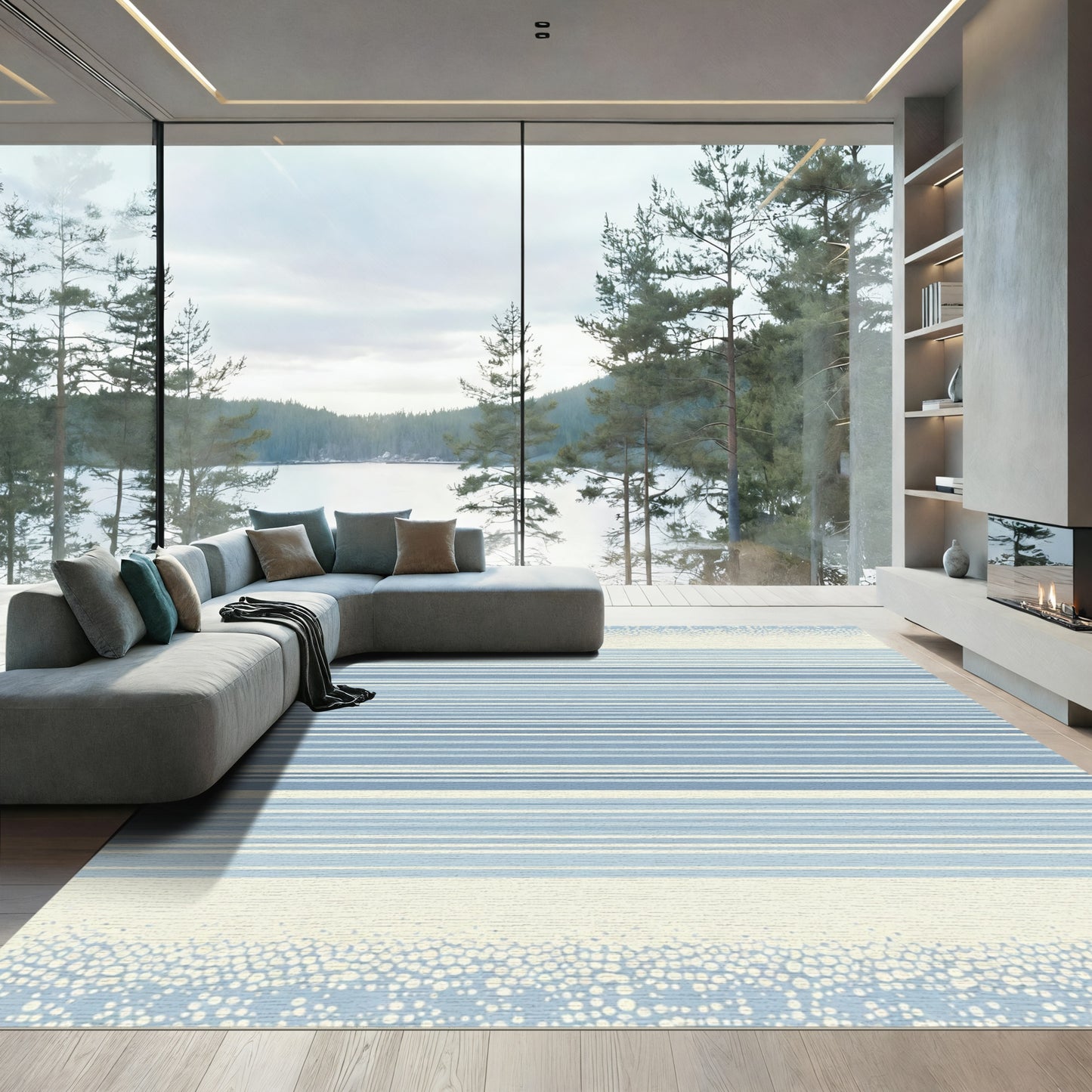 Pale Blue White Textured Stripe Rug