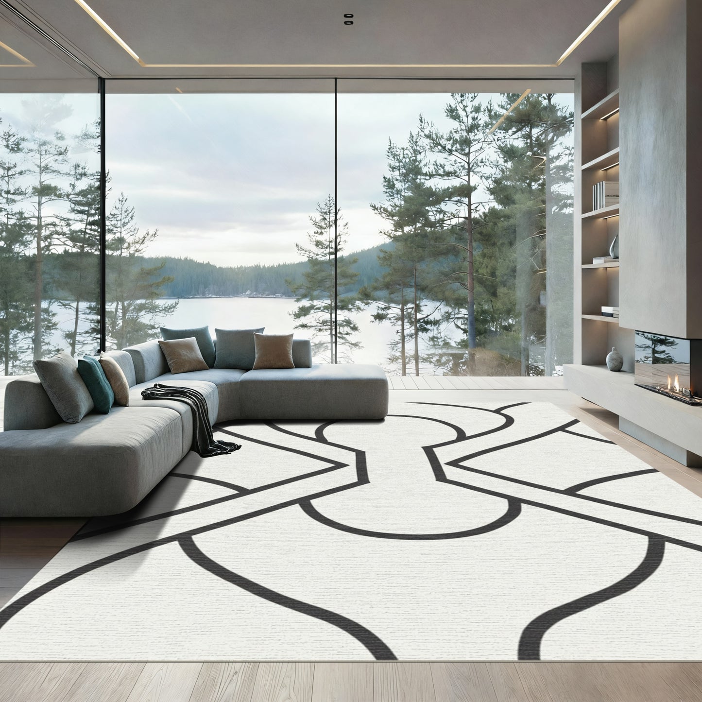 Modern Ivory Black Interlocking Shapes Rug