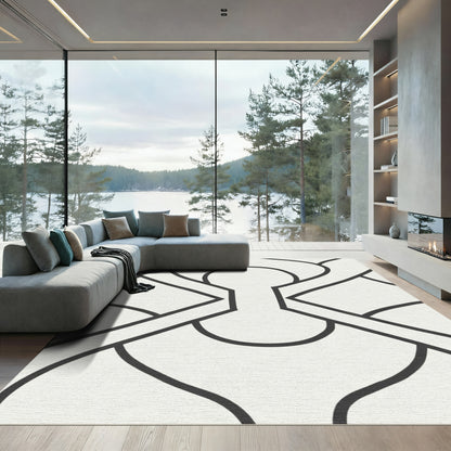Modern Ivory Black Interlocking Shapes Rug