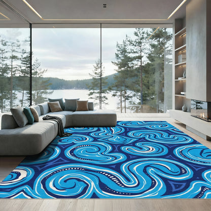 Deep Blue Swirling Abstract Waves Rug