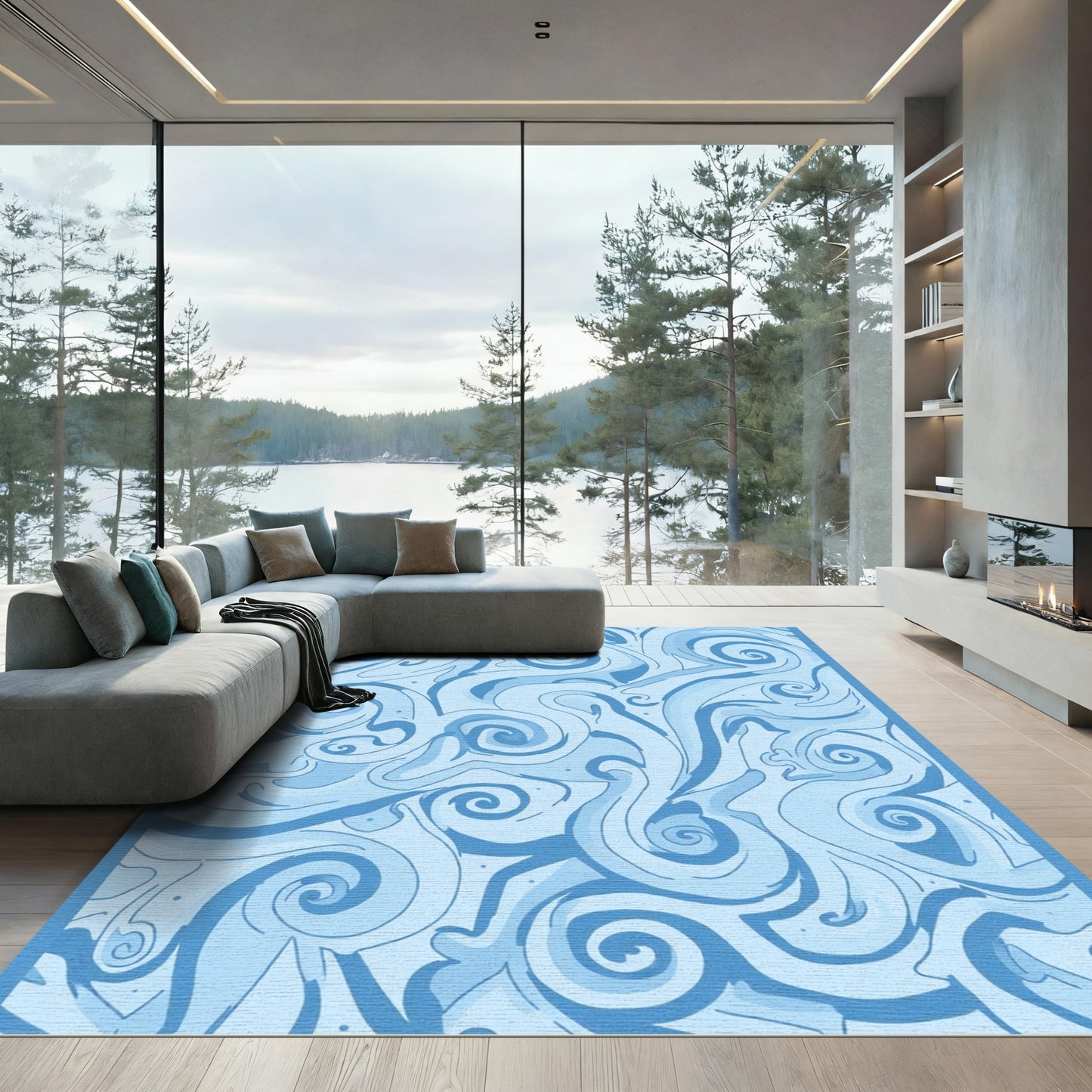 Cool Mist Swirls Abstract Rug