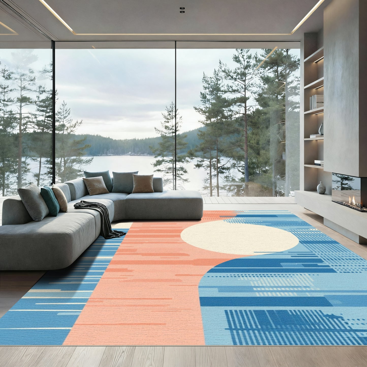 Abstract Coral Blue Geometric Block Rug