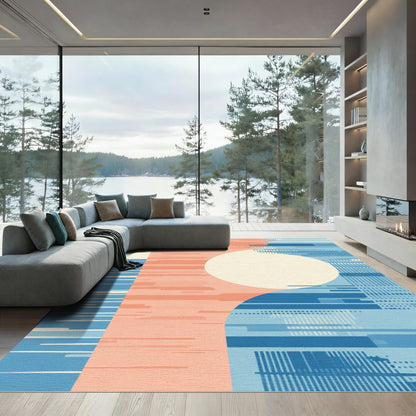 Abstract Coral Blue Geometric Block Rug