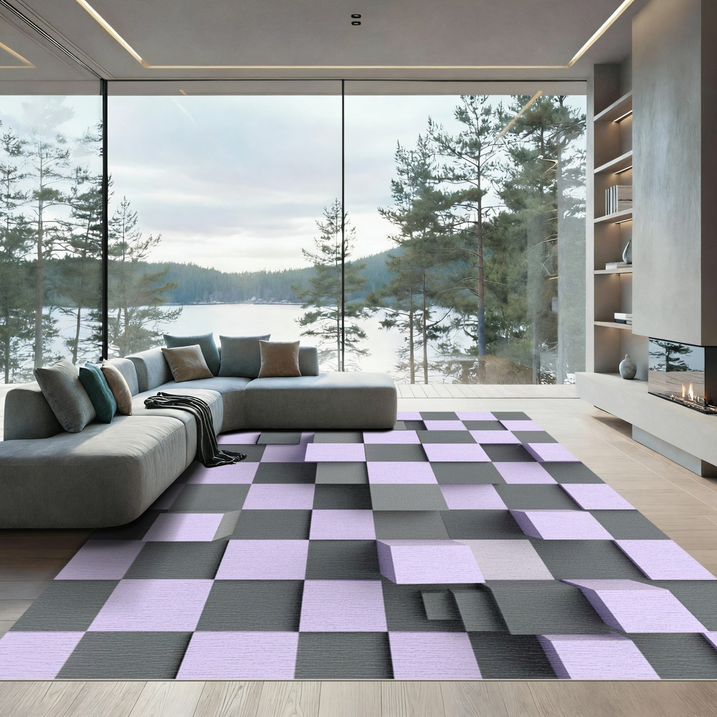 Soft Lavender Gray Cubic Grid Rug