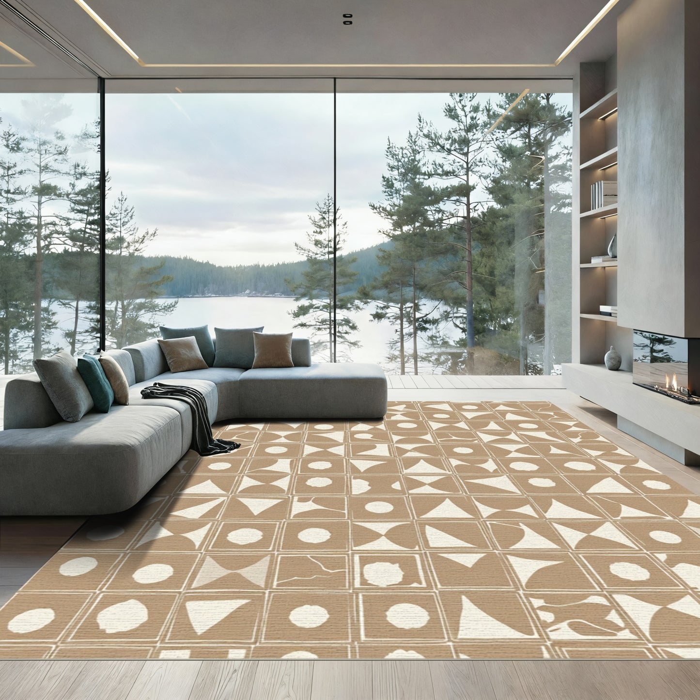 Tan Beige Abstract Geometric Squares Rug