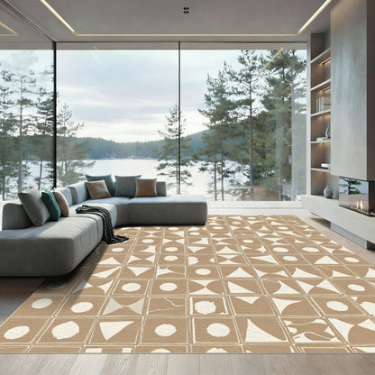 Tan Beige Abstract Geometric Squares Rug