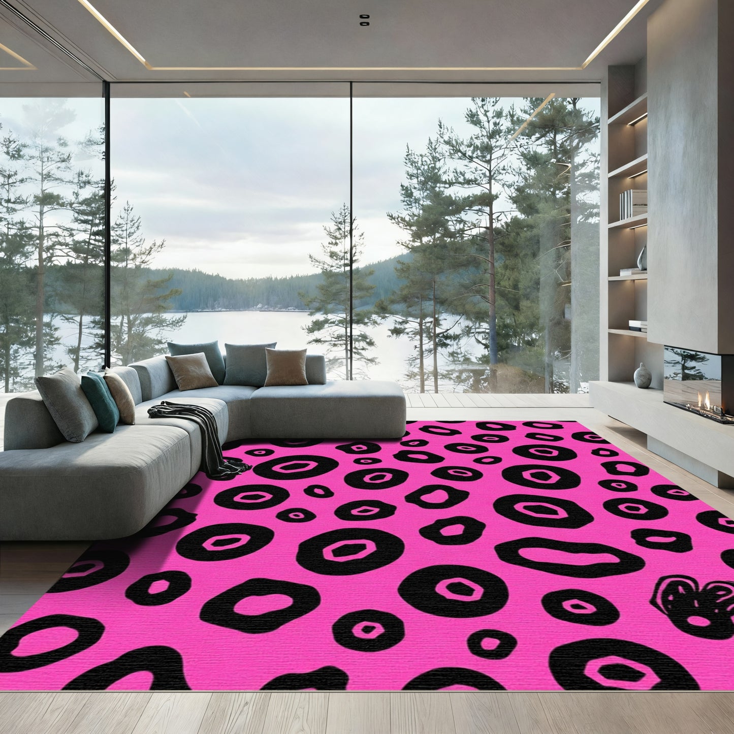 Hot Pink Black Spotted Abstract Rug