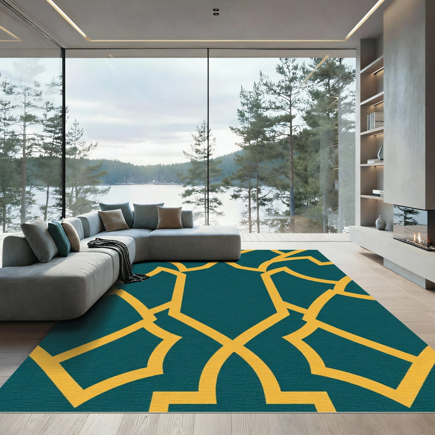 Teal and Gold Geometric Arabesque Rug