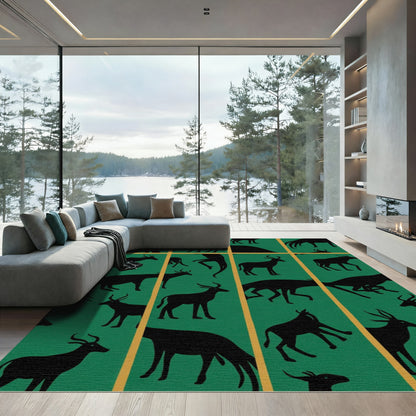 Black Stag Silhouette Emerald Grid Rug