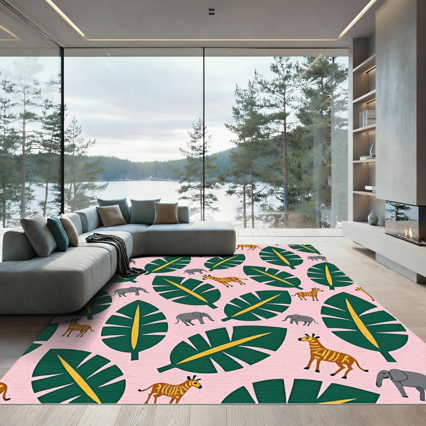 Tropical Elephants And Zebras Pink Rug