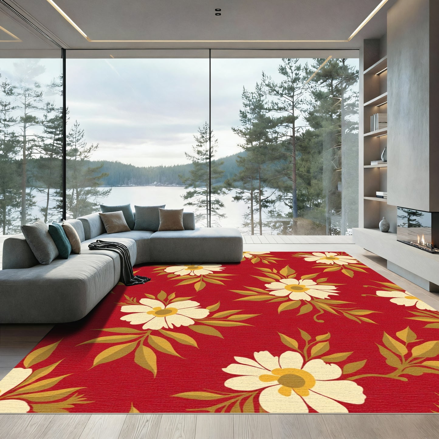 Crimson Daisy Garden Floral Rug