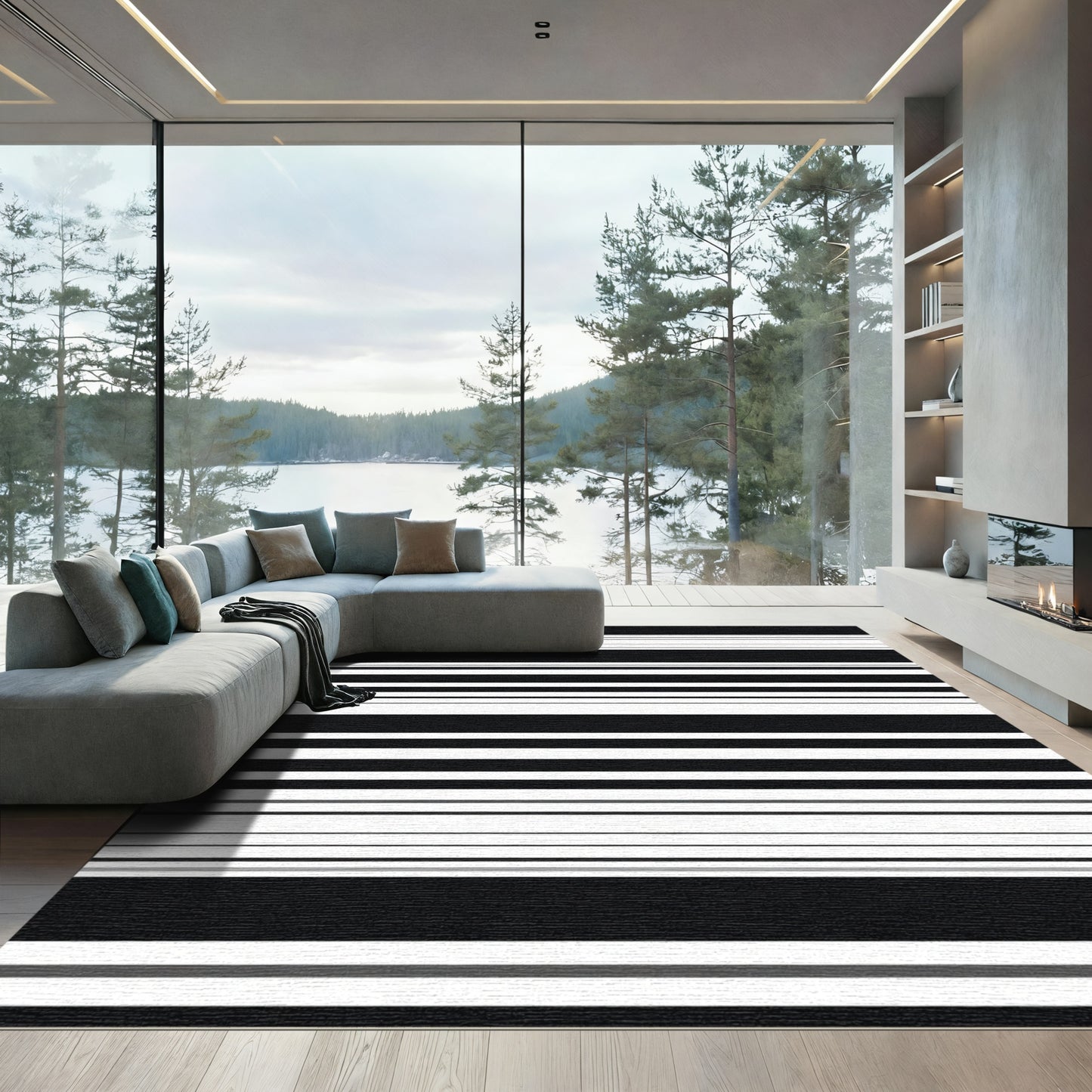 Bold Black White Stripe Graphic Rug