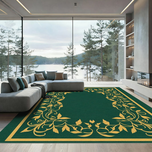 Rich Emerald Golden Vine Border Rug