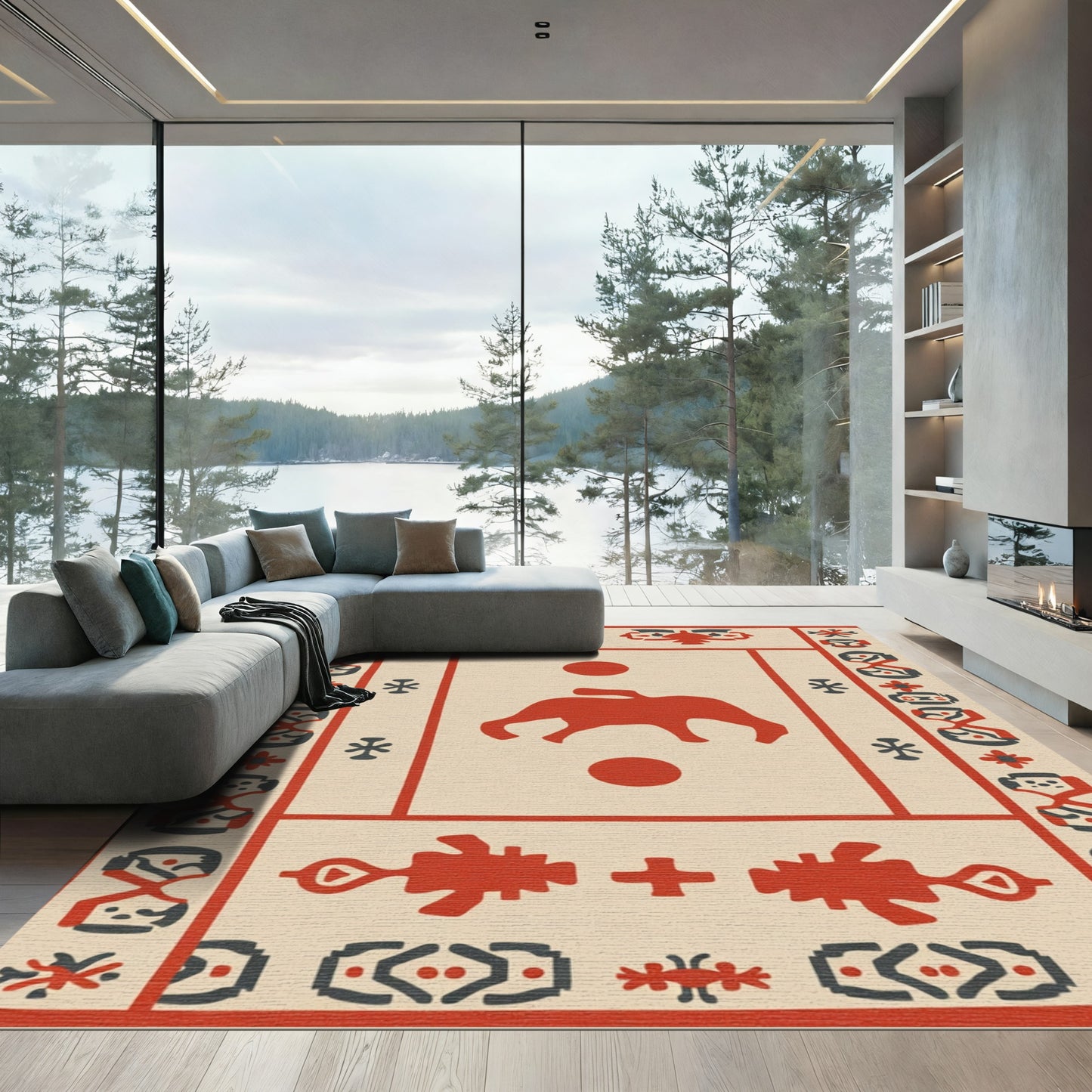 Crimson Elephant Geometric Border Rug