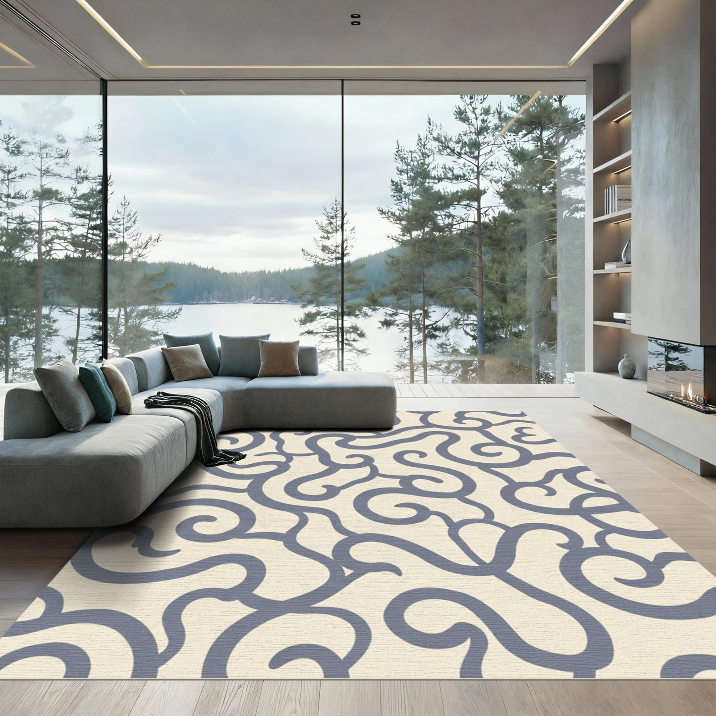Cream Blue Swirling Lines Rug