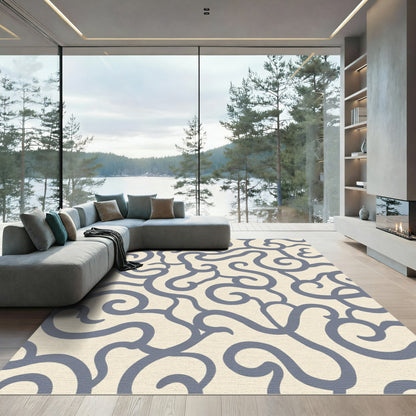 Cream Blue Swirling Lines Rug